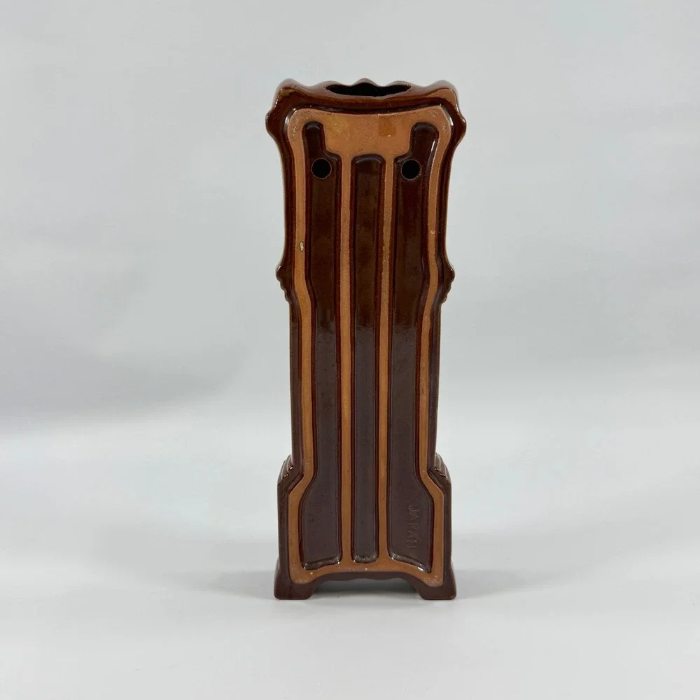 VTG Grandfather Clock Thermometer Ceramic‎ Brown Drip Glaze Japan MCM Home Decor